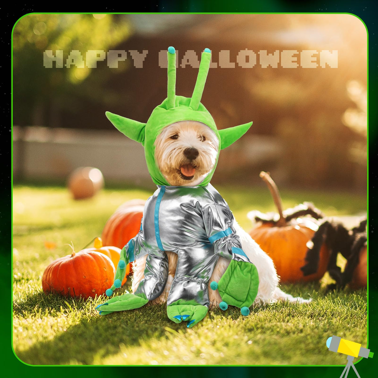Huhumy Green Alien Costume for Small Dog, Medium Dog Halloween Astronaut Outfits Alien Pet Costume Cute Hooded with Reflective Outfits for Puppy Kitten Halloween Cosplay Party(M)