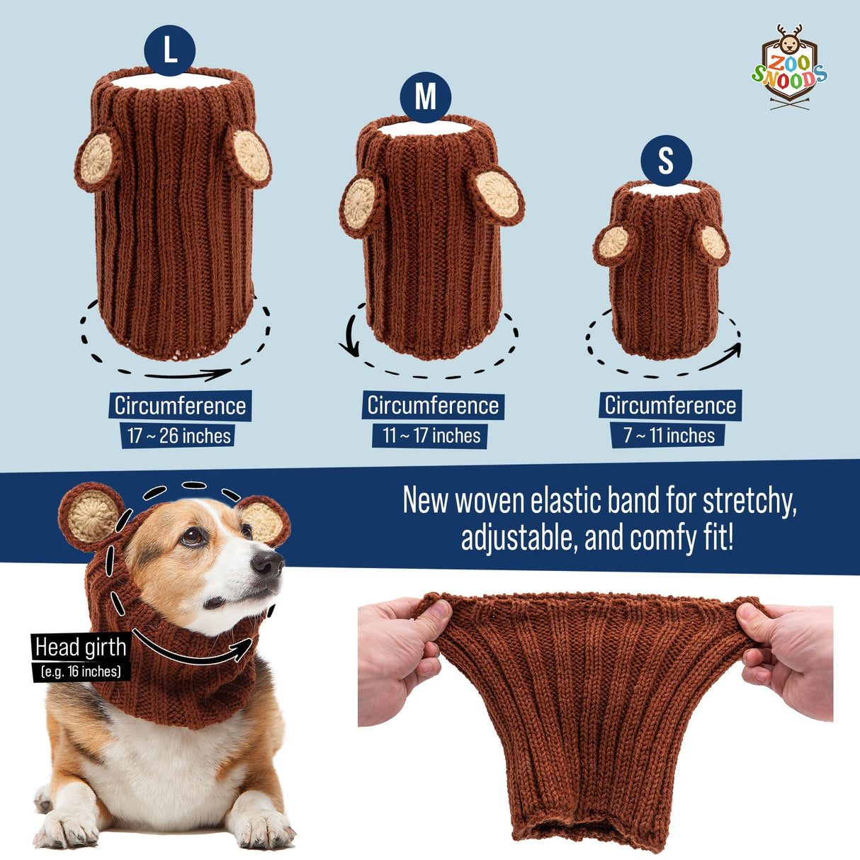 Zoo Snoods Grizzly Bear Costume - Warm Knit Dog Snood Wrap for Pets, Neck Ear Cover Protection, Halloween Winter (Small)