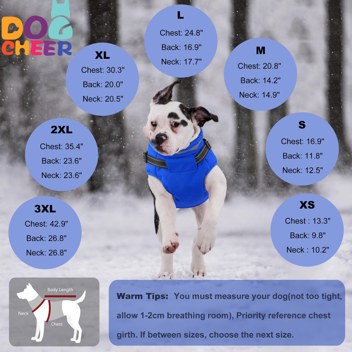 Dogcheer Dog Coat with Harness, Waterproof Warm Dog Winter Jacket with Pockets, Reflective Pet Fleece Jacket Turtleneck Snowsuit for Small Medium Large Dogs - Blue, 2XL