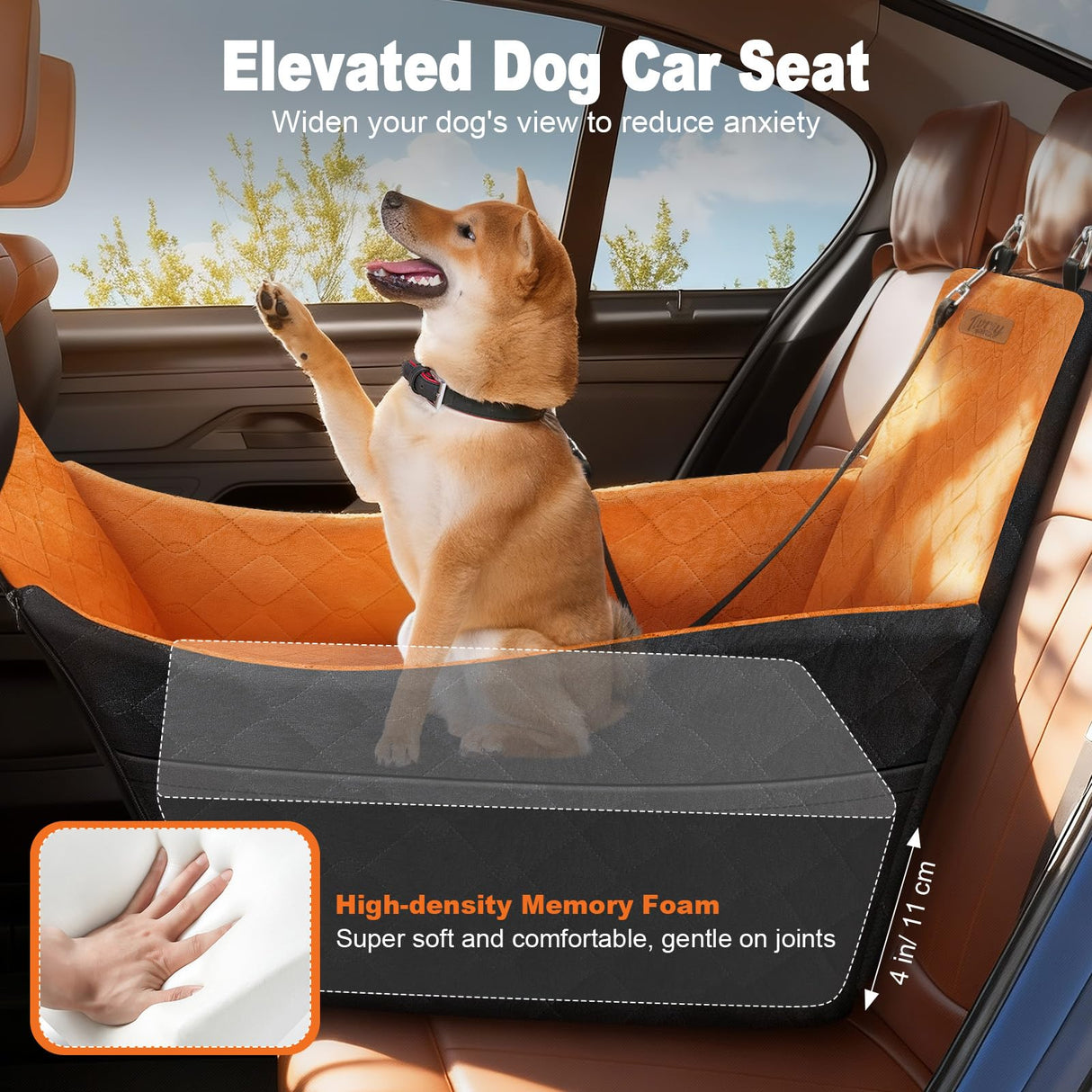 Tivray Elevated Dog Car Seat, Dog Booster Car Seats for Small & Medium Breeds Up to 35lbs, Fully Detachable and Washable, Memory Foam Pet Carseat with 2 Storage Pockets & 3 Safety Belts, Black + Brown
