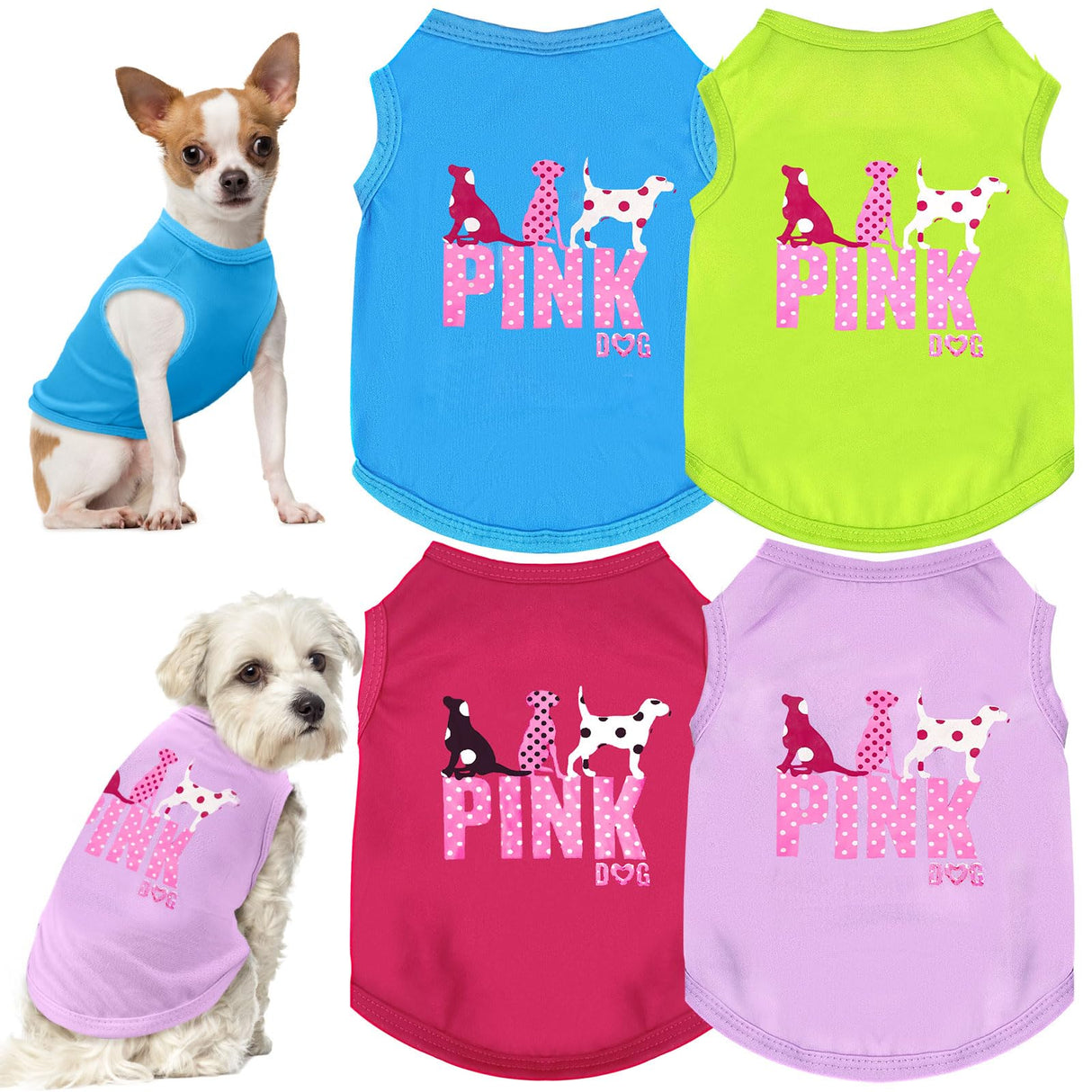 TENGZHI 4 Pack Dog Shirt Vest Soft Lightweight Puppy Tshirt Cute Pink Dog Printed Small Pet Clothes Summer Sleeveless Yorkie Chihuahua Teacup Clothes for Small Dogs Cats Girl Boy