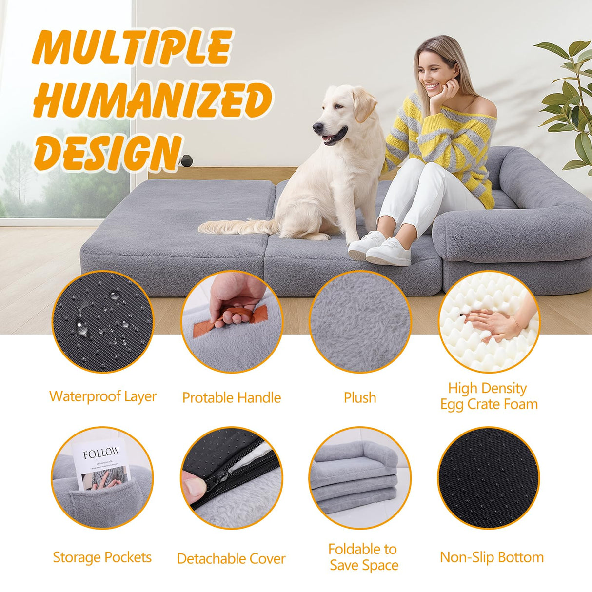 ondware Foldable Human Dog Sofa Bed, 73x42x10 in Plush Pet Bed with Egg Foam Mattress, Portable Dog Bed for Adults, Camping Indoor Use