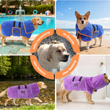 Mihachi Dog Bathrobe Towel Wrap Fast Drying with Drying Gloves Set, Super Absorbent Coral Fleece Dog Drying Coat Bath Robe for Puppy, Medium & Large Dogs, Adjustable Collar & Belly Strap, Purple XL
