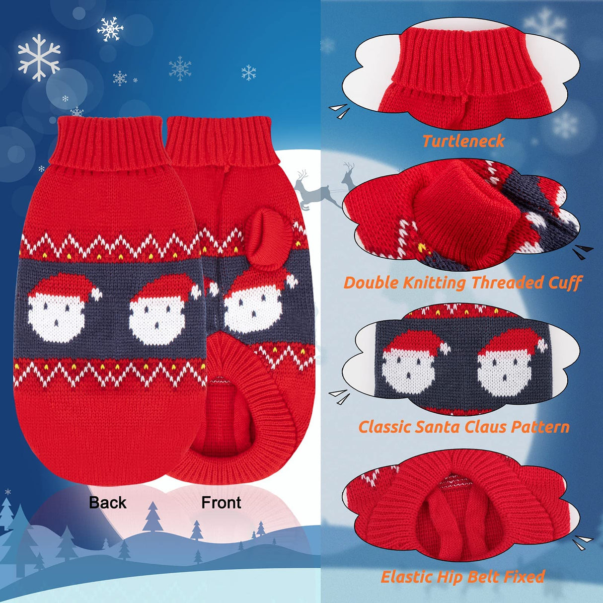 Rypet 2 Packs Cat Christmas Sweater - Puppy Christmas Sweater Pet Turtleneck Knitwear with Reindeer Santa Claus Pattern Sweaters for Kitten and Small Dogs XL