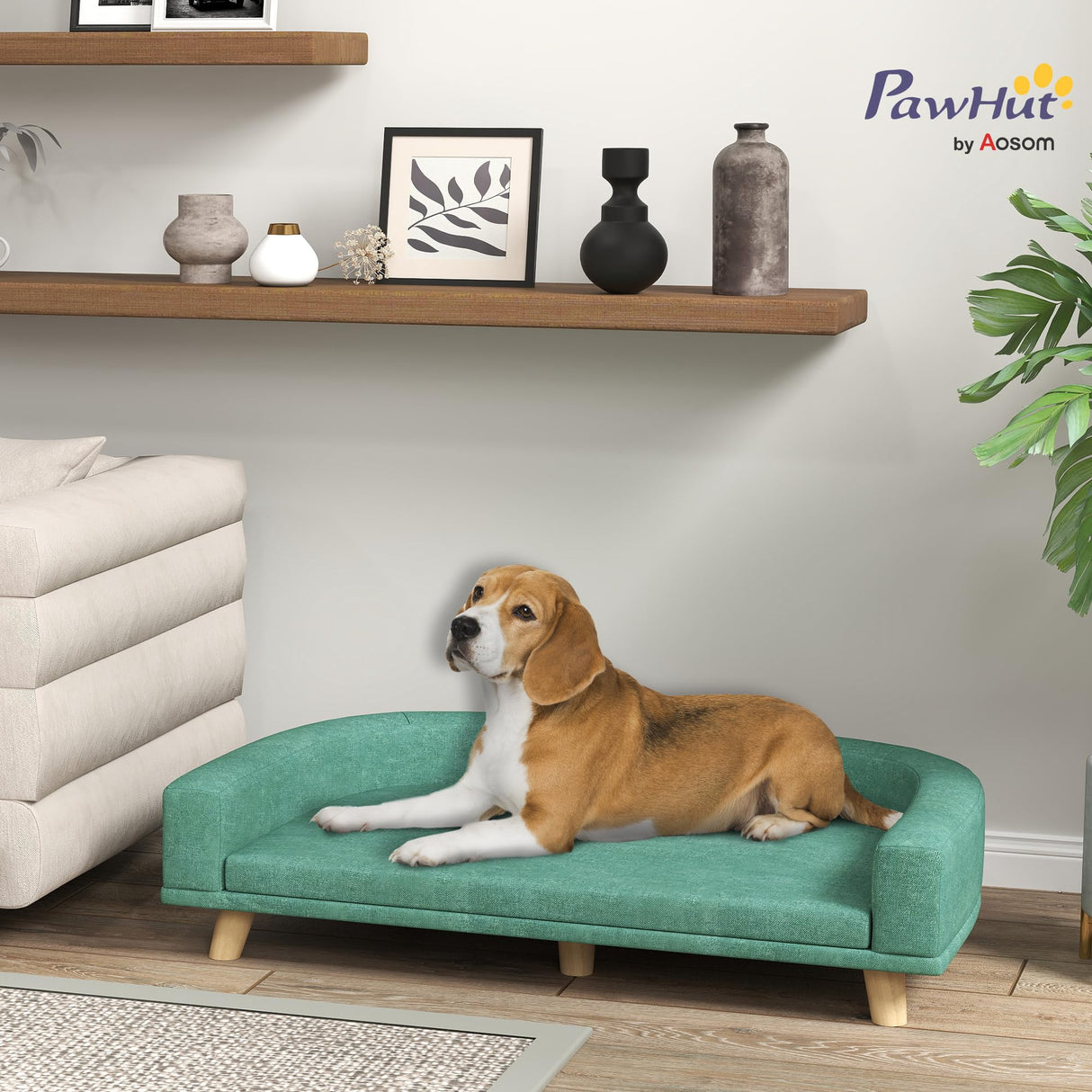 PawHut Dog Sofa Couch, Pet Bed with Comfortable Luxury Cushion, Washable Cover, Wooden Legs, Anti-Slip Mat for Large Dogs, Cats, Kittens, Green