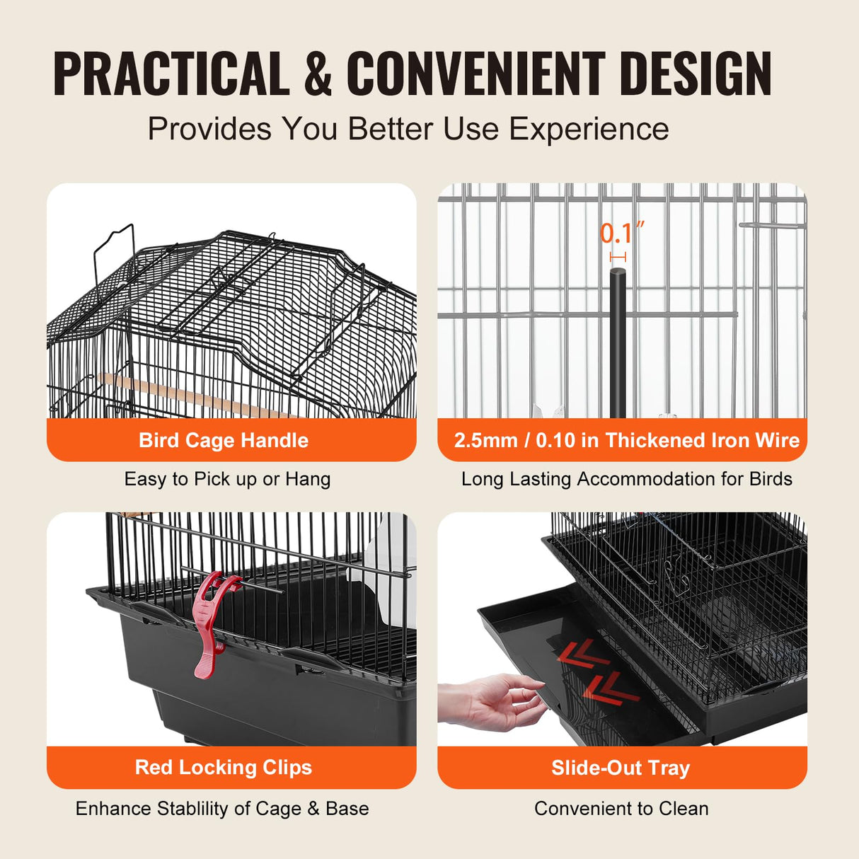 VEVOR 41-inch Open Top Large Parrot Bird Cage, Hanging Bird Cage for Parakeets Finches Canaries Lovebirds Cockatiels Budgies Small Quaker Conures Travel Pet Flight Birdcage with Swing and Perch