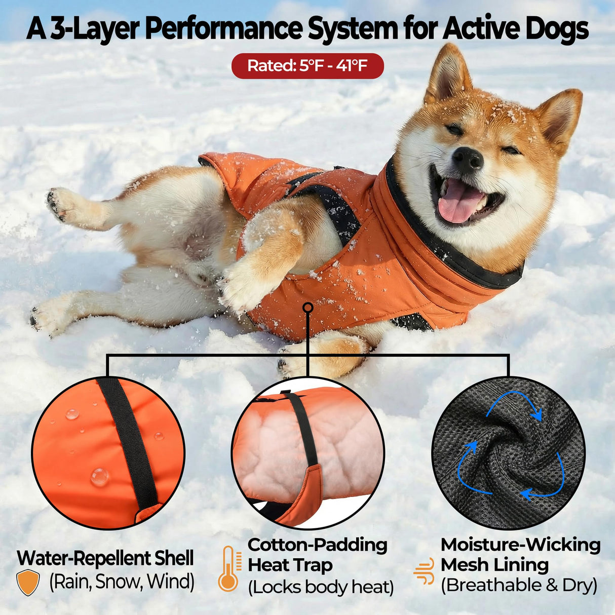 SKIPGEAR Dog Winter Coat, Warm Puffer Jacket with Fur-Safe Buckle & Leash Hole for Cold Weather, Water-Repellent Snow Vest, Breathable Thermal Apparel for Hiking & Active Dogs (Aurantium, Medium)