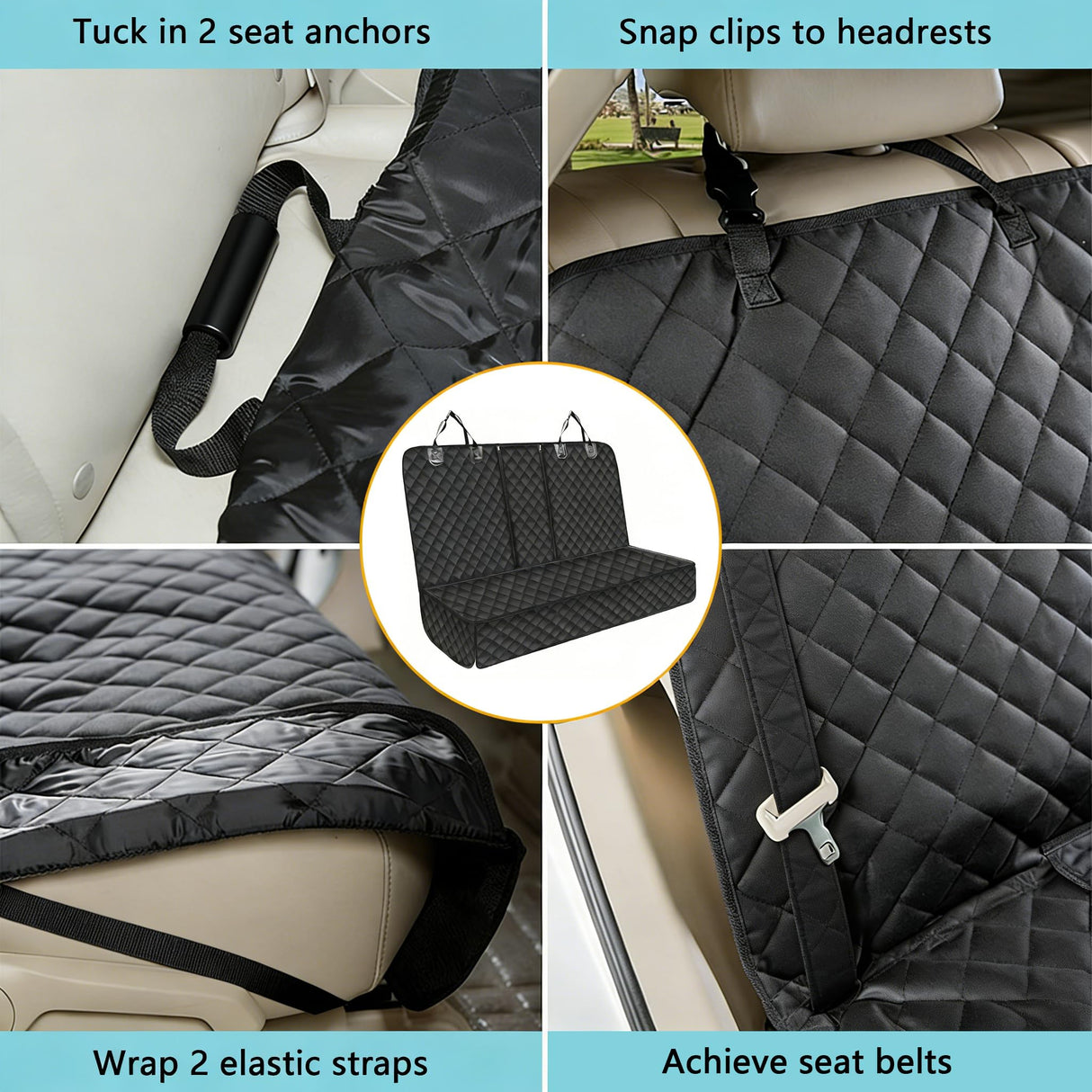 SNZ Waterproof Dog Car Seat Cover for Back Seat, Pet Seat Protector with Non-Slip Backing & Fashion Pattern, Fits Cars Trucks SUVs Universal Bench Seat Cover Incidentally Dog Seat Belt 3 Piece Set