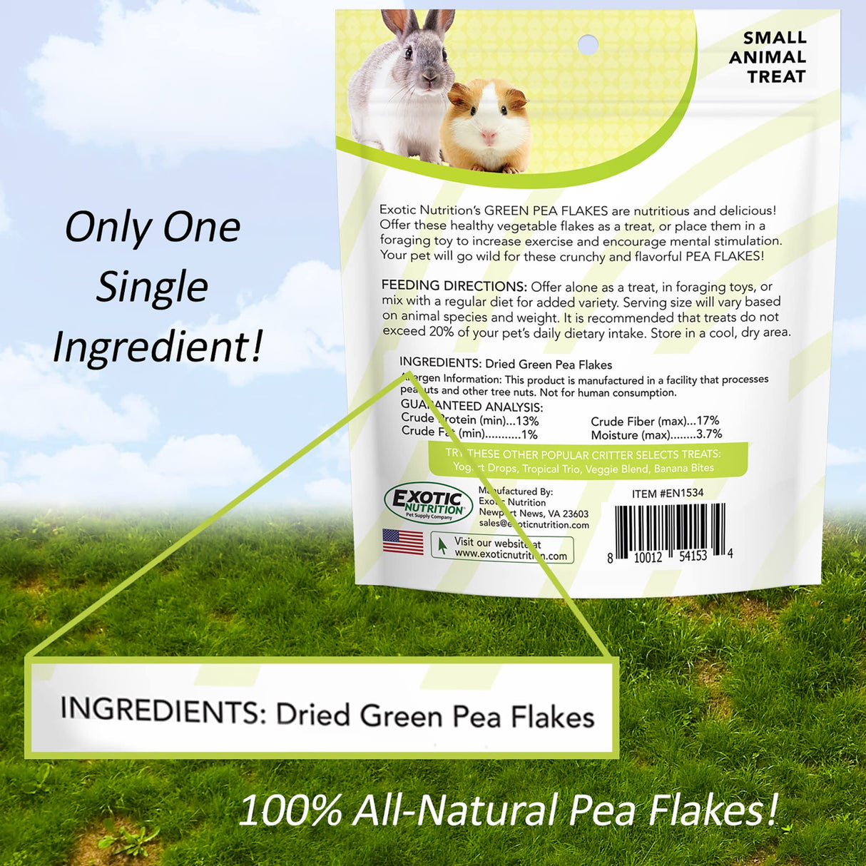 Exotic Nutrition Green Pea Flakes (1 lb.) - Healthy Natural Dried Vegetable Treat - for Rabbits, Guinea Pigs, Hamsters, Chinchillas & Other Small Pets