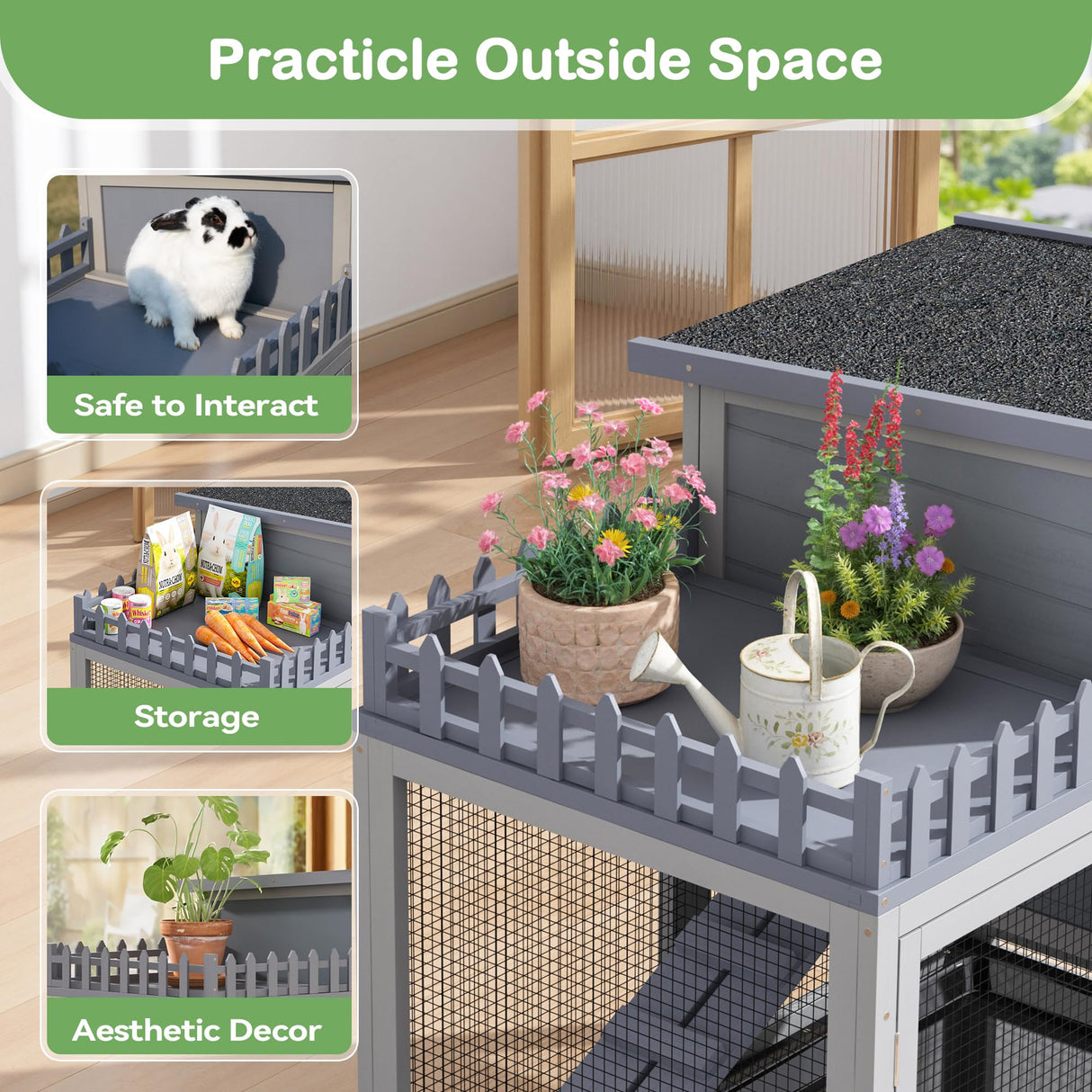 Wood Rabbit Hutch with Balcony - Small Animal House Bunny Cage on Wheels for Indoor Outdoor, Rabbit Cage Included Ramp, Pull Out Tray, (Grey with Pattern)