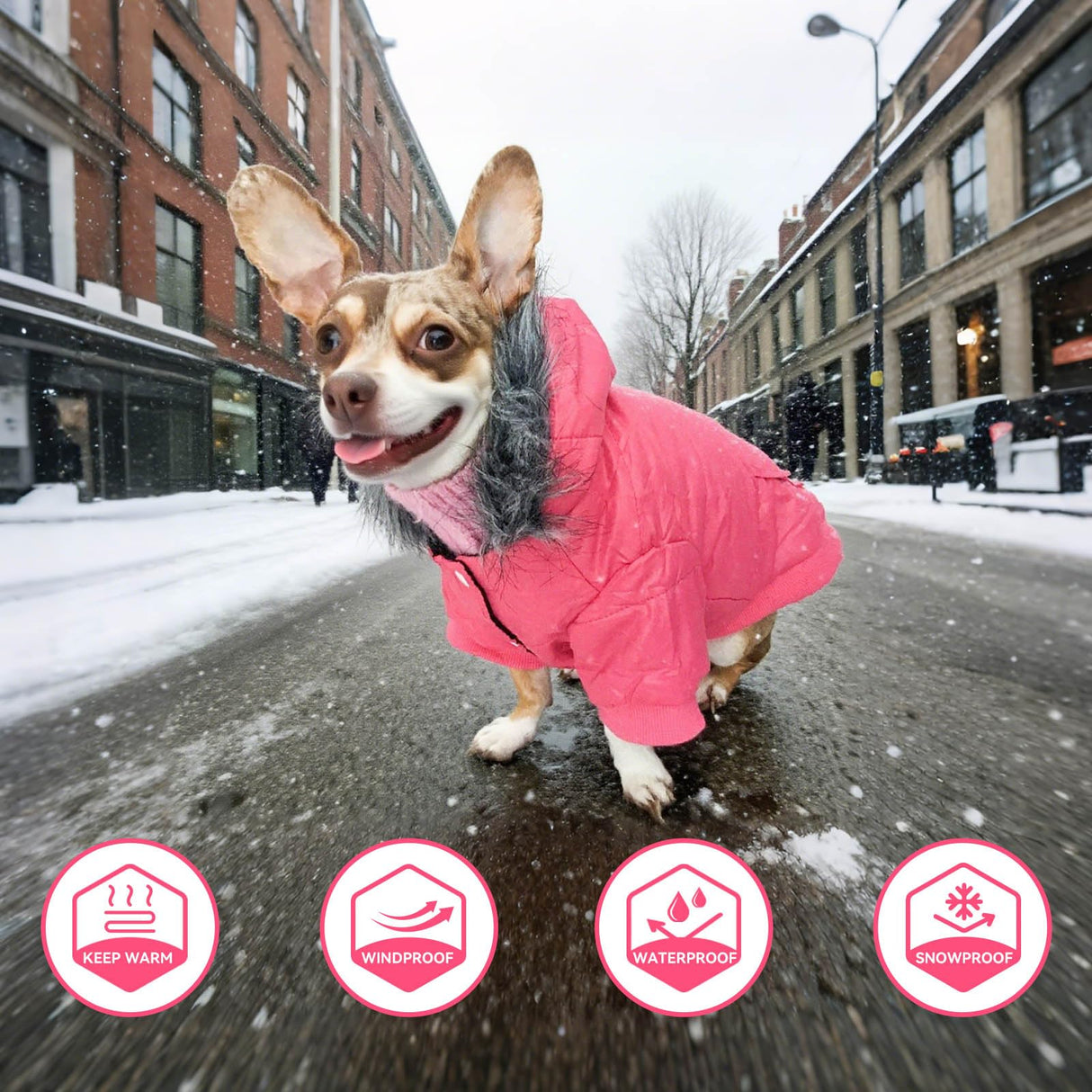 PETLESO Dog Coat for Small Dogs, Winter Pet Warm Jacket Cold Weather Windproof Puffer Jacket with Leash Hole, Button Fixable Hat, Pink XXL
