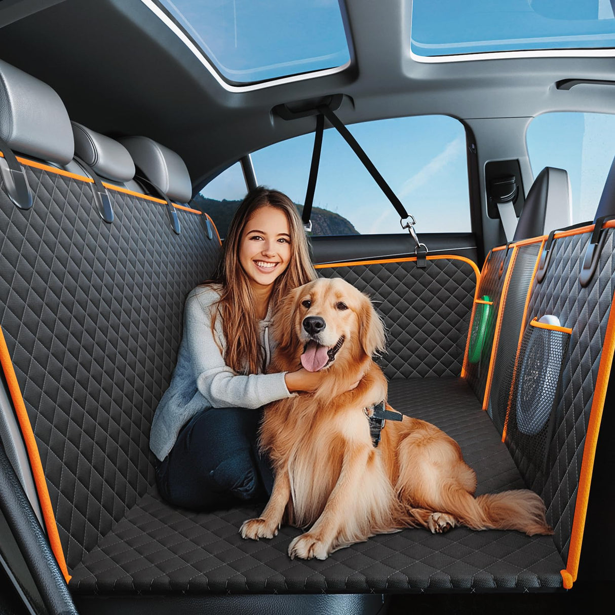 lufebut Hard Bottom Holds 420LBS, Dog Car Seat Cover for Back Seat, Back Seat Extender for Dogs, Back Seat Extender for Car Travel Bed with Mesh Window