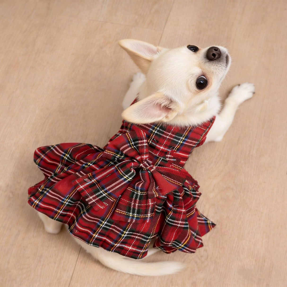 Classic Plaid Dog Dress with Bow Tie for Small Dogs and Cats, Cute Female Pet Dress Clothes for Girls Outfits (Red&Green, Medium)