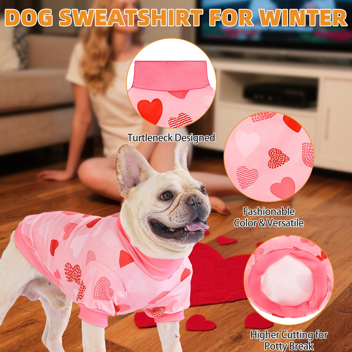 KOOLTAIL Valentine's Day Dog Sweater for Small Dogs, 3 Pack Fleece Puppy Shirt Turtleneck Pullover Clothes with Love Heart Partten, Fuzzy Soft Warm Pet Winter Cold Weather Coat, Girl Boy, Pink S