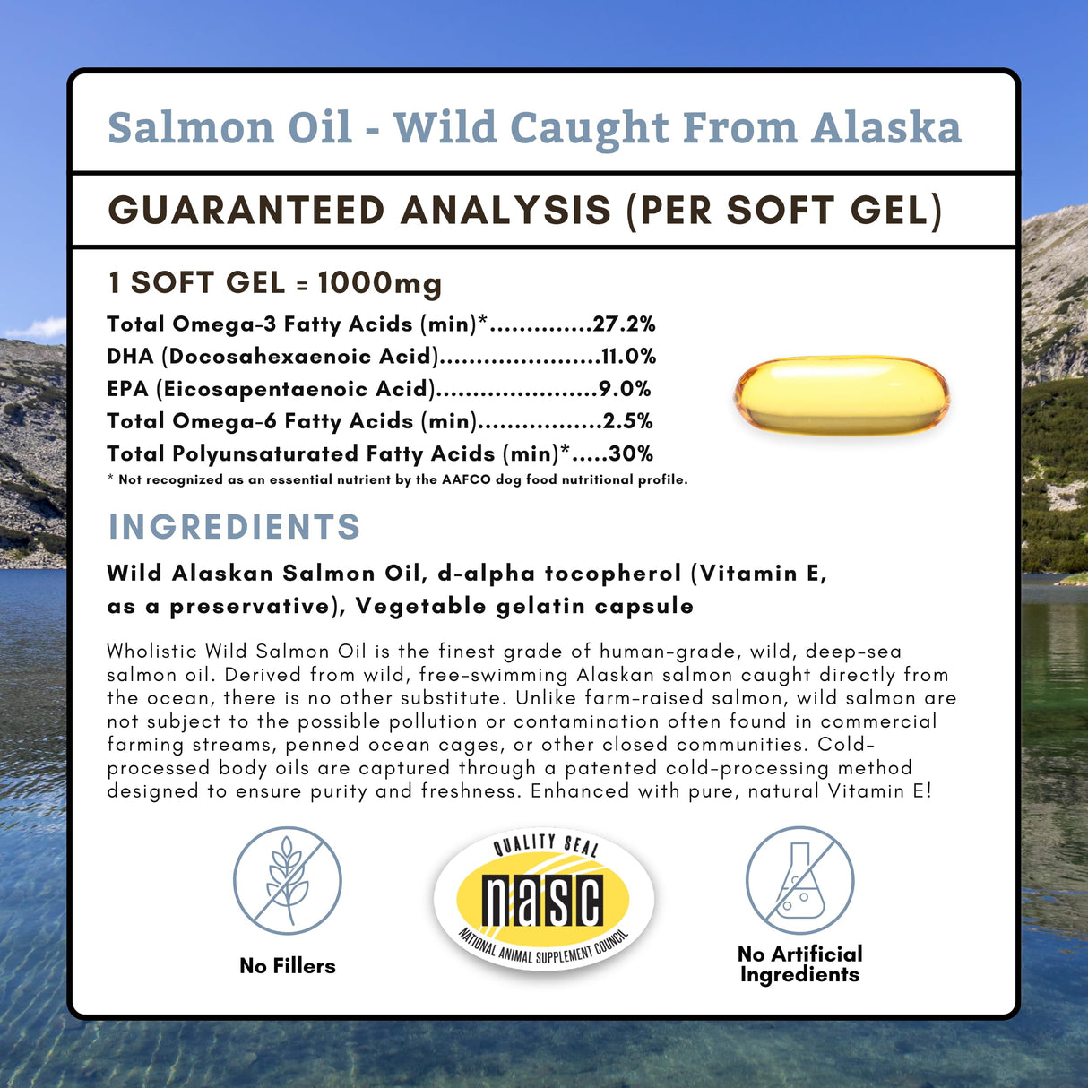 Wholistic Pet Organics Wild Alaskan Salmon Oil for Dogs - 100 Soft Gels - Rich Omega 3 Fish Oil with EPA & DHA for Skin, Coat, Joint, and Heart Health - Natural Dog Skin & Coat Care