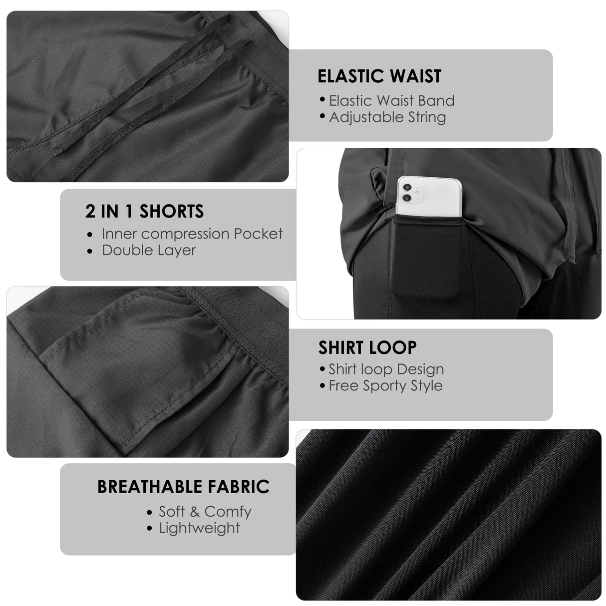 NIMOJIRO Men's 2 in 1 Running Shorts Workout Athletic Shorts Outdoor Sports with Liner Lightweight Training Yoga Gym Shorts with Phone Pockets Dark Gray