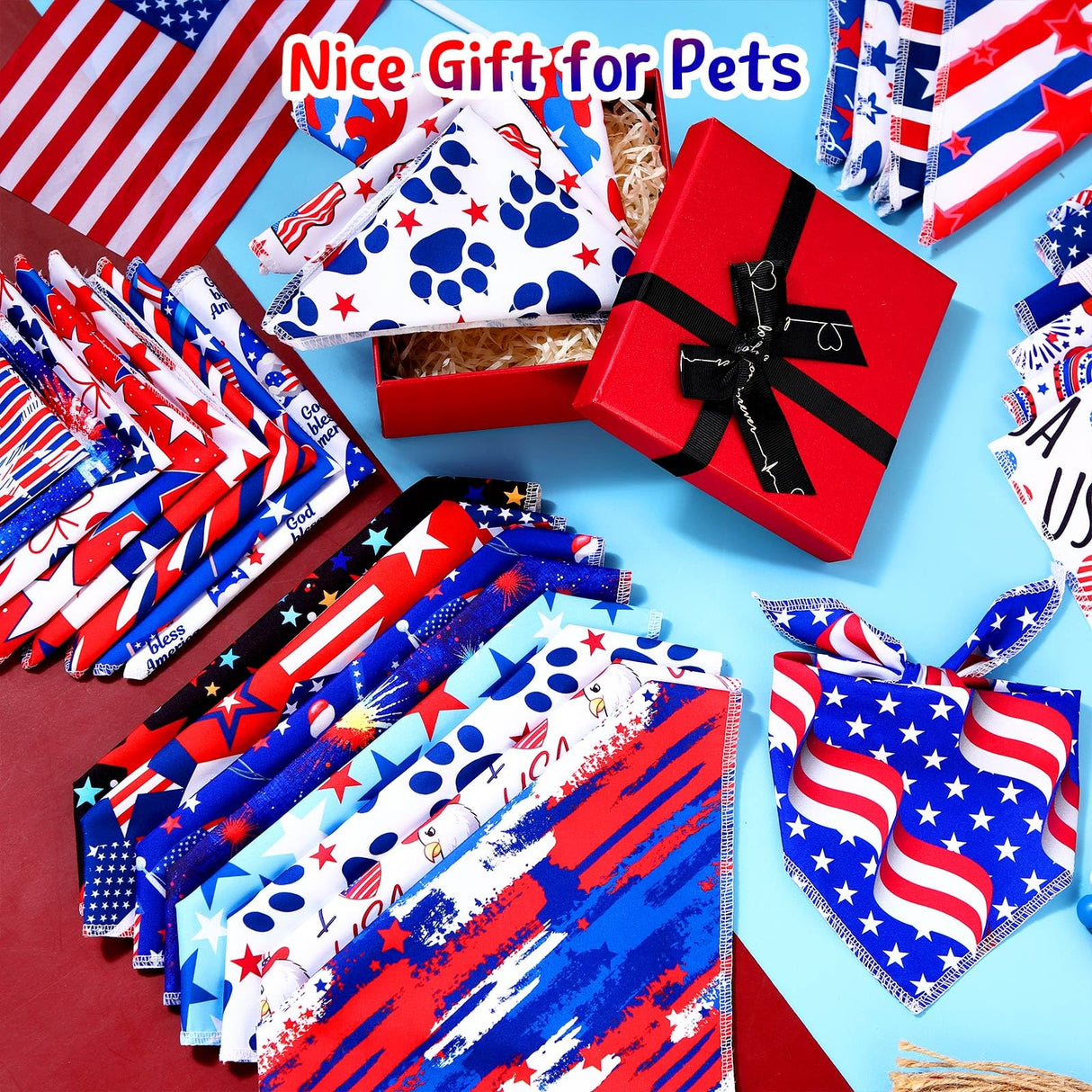 Paterr 100 Pieces Patriotic Dog Bandanas Bulk 4th of July Independence Day Pet Handkerchief Memorial Triangle Bibs Kerchief Adjustable Washable Pet Scarf Accessory for Small Medium Puppy Cats