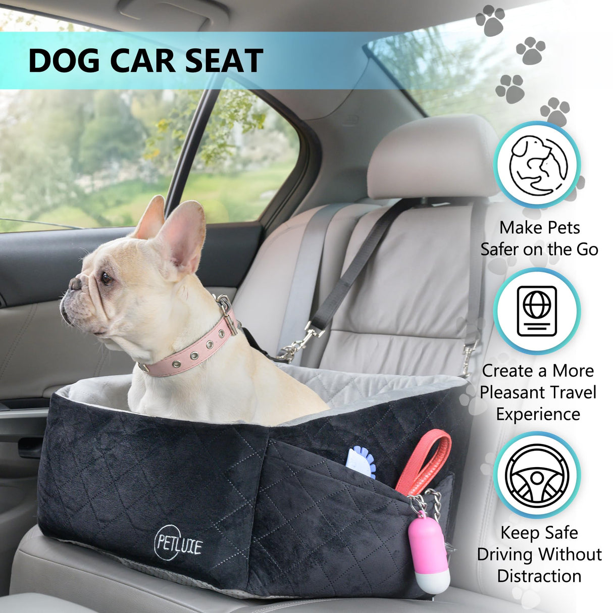 PETLUXE Dog Car Seat – Soft and Comfy Dog Booster Car Seat for Small, Medium Dogs Weighing Up to 30 lbs – Washable and Detachable Puppy Booster Seat with Strap and Pocket – Pet Travel Essential