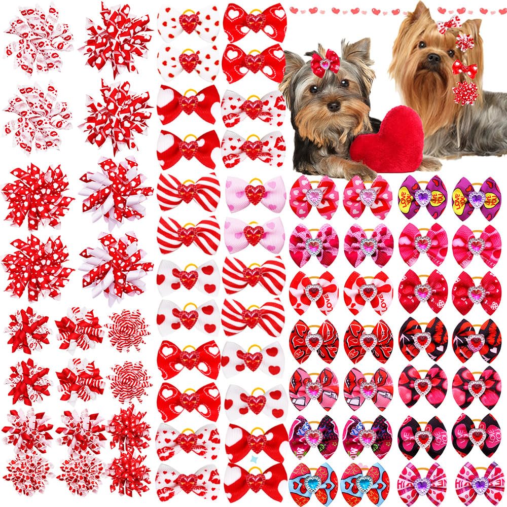 Senniea 60Pcs Dog Bows with Rubber Bands Love Heart Dog Bowknot Hair Bows Red Pink PuppyTopknot Bows for Day Doggie Cat Bunny Yorkie Pet Hair Grooming Accessories (Valentine's Day)