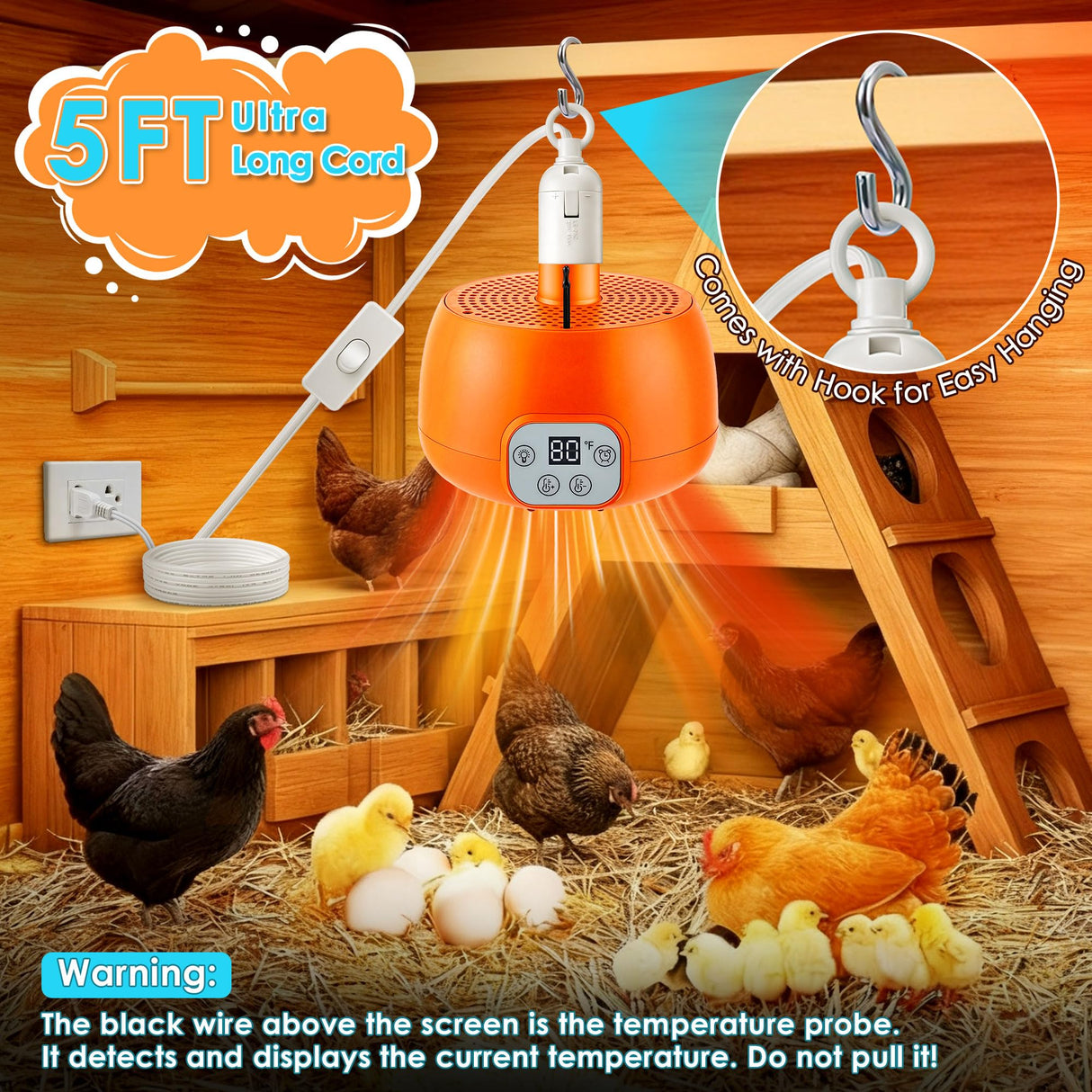 Enhon 2 Pack Chicken Coop Heater, Timing Heat Lamp for Chickens, Smart Temperature Control Chicken Brooder Heater, 5 Ft Ultra Long Cable Reptile Heating Lamp for Chicks Duck Dog Cats, No Remote