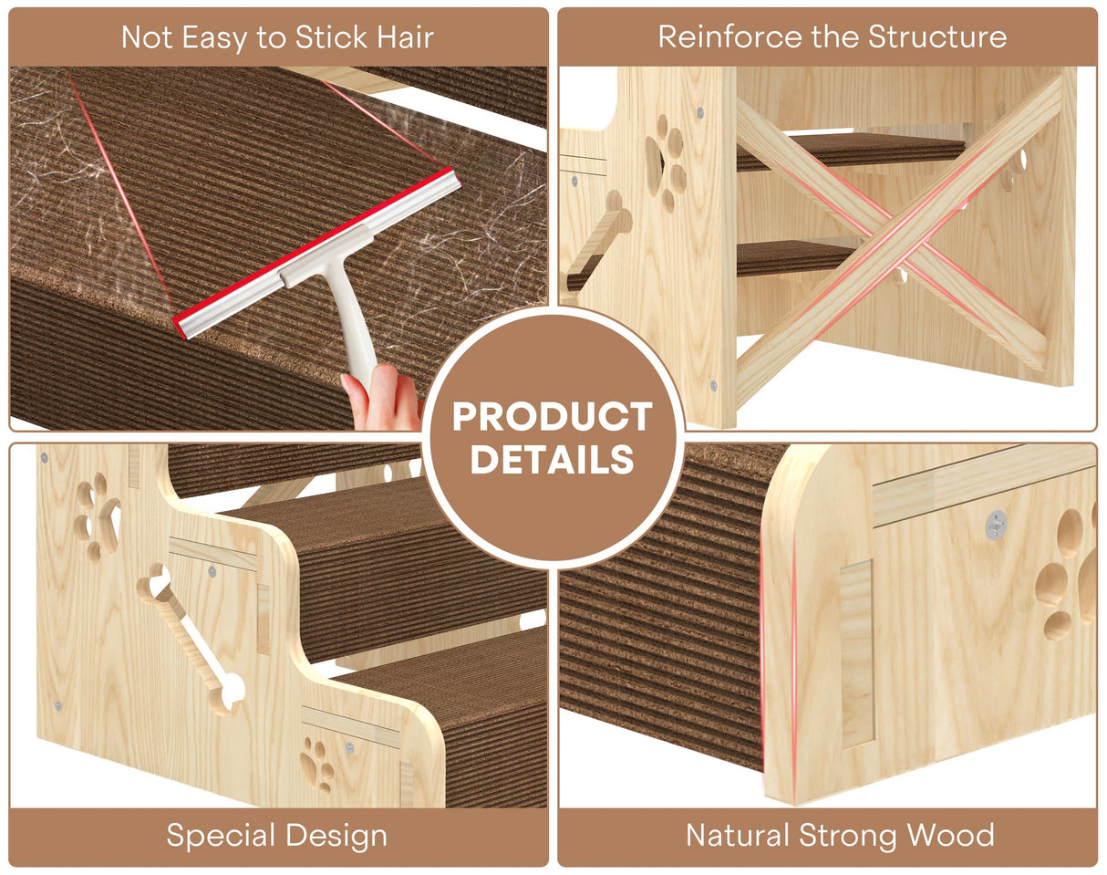 TIMHAKA Dog Stairs for Small Dogs, 3-Step Wooden Dog Ramp for Bed, Couch & Car, Non-Slip Pet Stairs for Small Old Short-Legged Puppy & Cat, Indoor Pet Steps with X-Brace Support