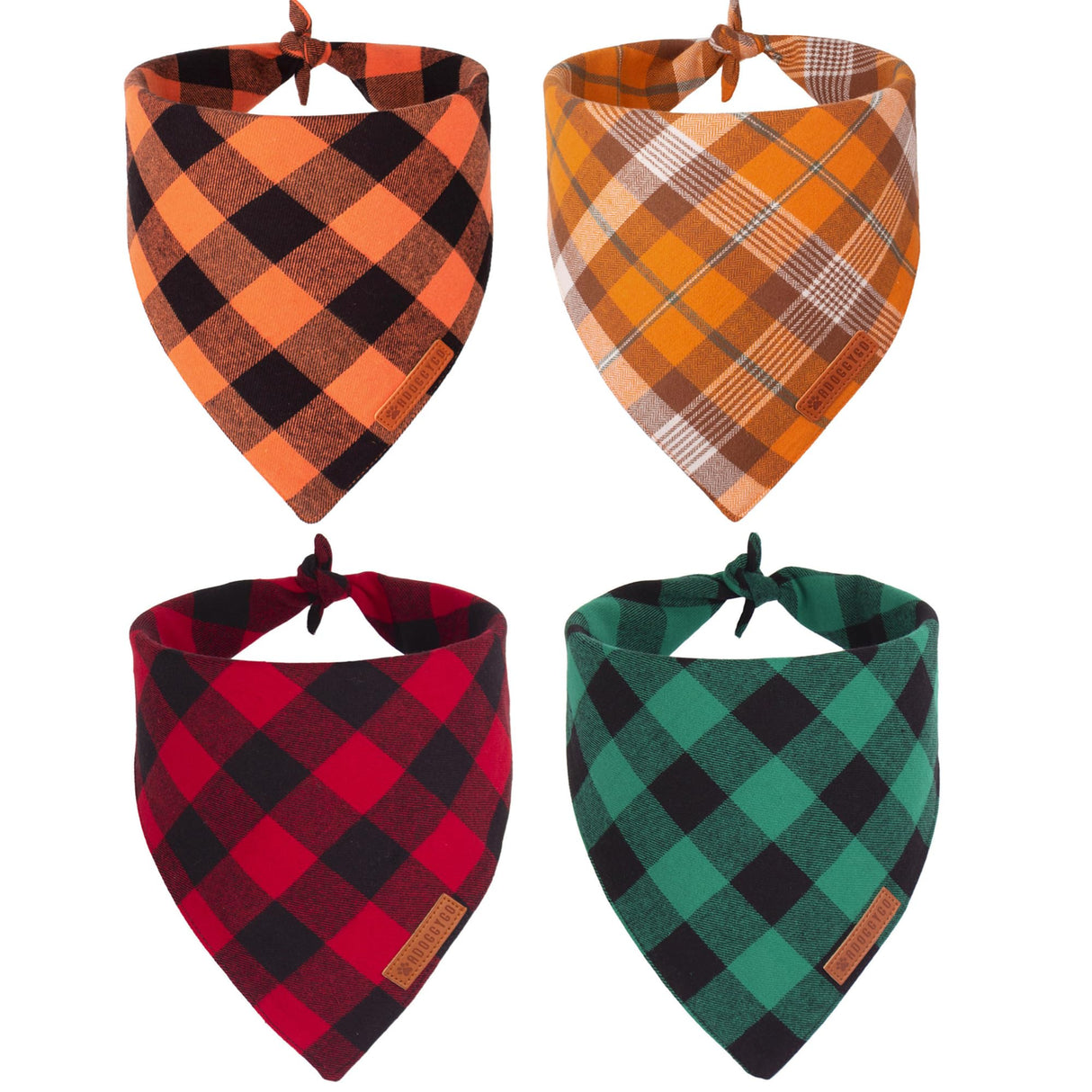 ADOGGYGO 4 Pack Plaid Dog Bandana for Fall Halloween Thanksgiving Christmas, Red Green Orange Plaid Pet Scarf Plaid Holiday Bandanas for Medium Large Dogs (Large)