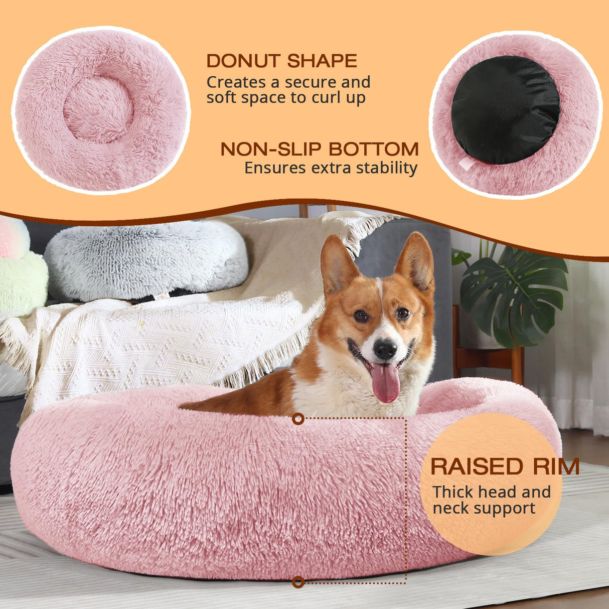 JOLLYVOGUE Dog Bed, Calming Anti-Anxiety Large Dog Bed, Fluffy Donut Cushion for Medium and Large Pets (27"/30"/36")