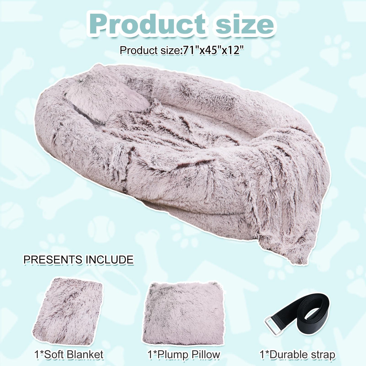 YAEM Human Dog Bed for Adult and Pets - 71"x45"x12" Dogs Beds for Humans with Washable Faux Fur Cover, Plump Pillow, Blanket, Orthopedic Design, Strap-RustWhite