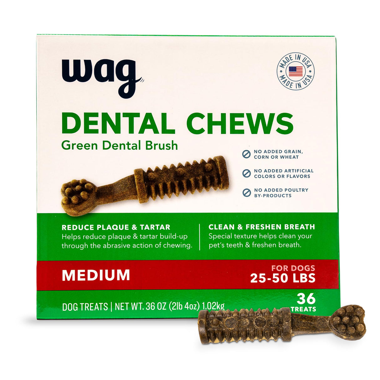 Wag Dental Dog Treats to Help Clean Teeth & Freshen Breath - Medium, Unflavored, 36 Count (Pack of 1)