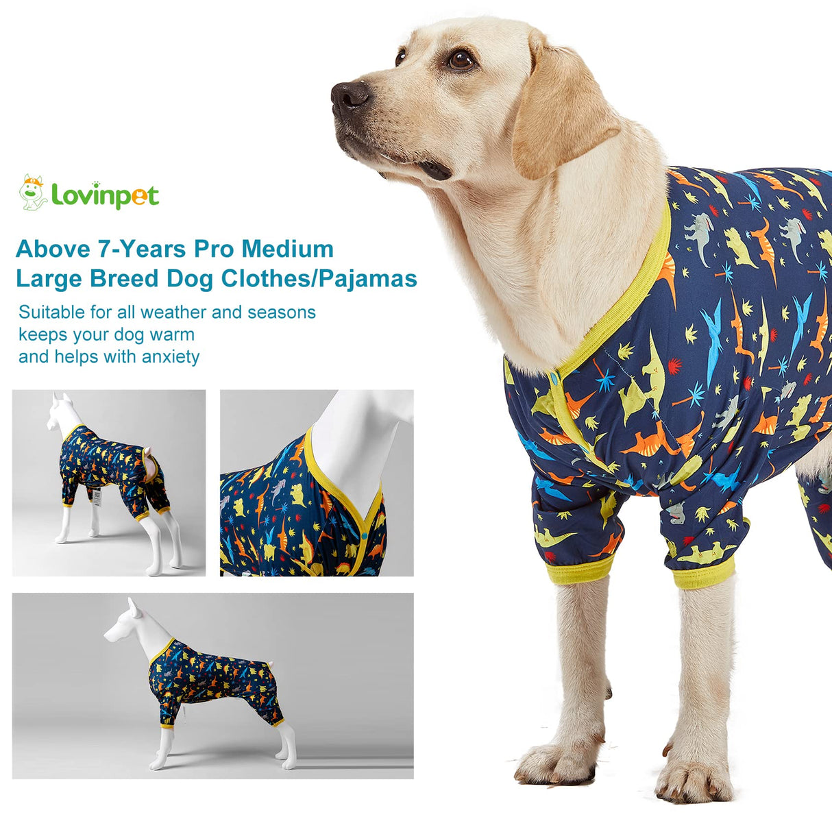 LovinPet Big Dog Pajamas for Large Dogs/Prehistoric Adventure Dinosaur Navy Print/Lightweight Stretchy Knit Pullover Dog Clothes/Large Dog Onesie, Pet Pajamas for Dogs, Pet PJ's/XXL