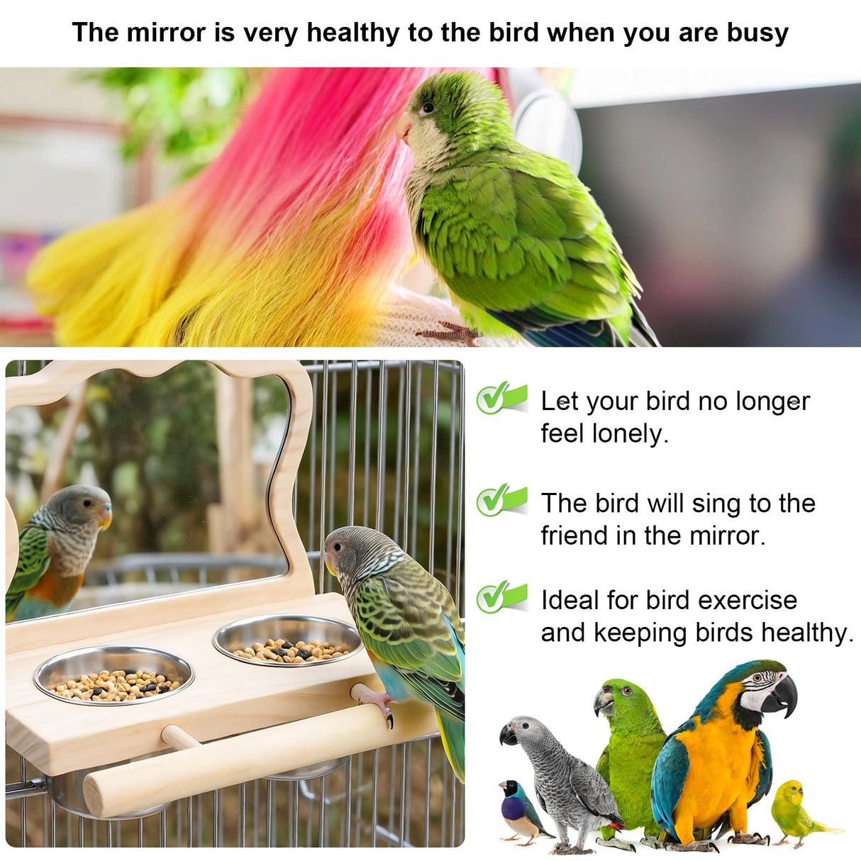 SMICEM Bird Perch Platform Toy with Mirror, Standing Rack & Stainless Steel Bowl - Wooden Play & Exercise Gym Stand, Cage Accessory for Cockatoos, Lovebirds, Budgies, Pacific Parrotlets & Canaries