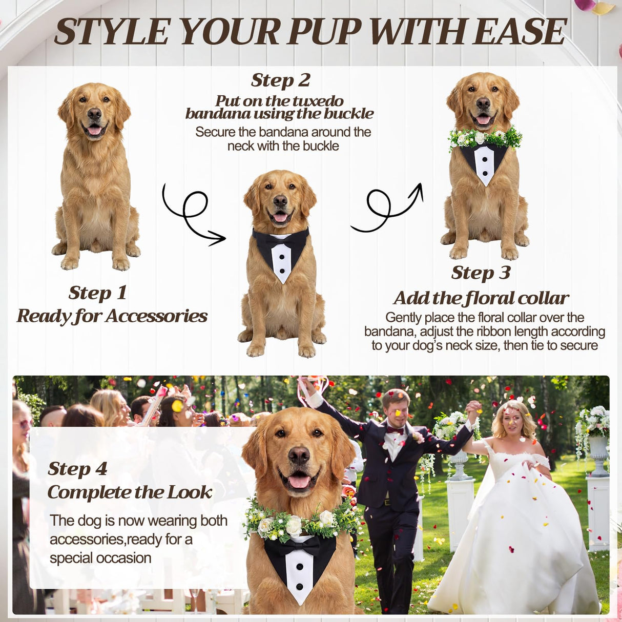 Huhumy 2 Pcs Dog Wedding Suits, Tuxedo and Flower Collar, Bow Tie Adjustable Formal Suit Costume Elegant Dog Flower Headband for Small to Medium Dogs Wedding Engagement Birthday Outfit Pet Photo Prop