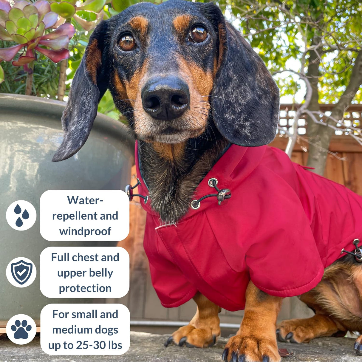 DJANGO Highland Dog Jacket & Raincoat – Water-Repellent, Lined Dog Coat with Hood, Adjustable Fit & Harness Hole – Lightweight Rain & Wind Jacket for Small & Medium Dogs up to 30 lbs (Red, Medium)