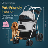 LUXE CARES 4 Wheel Foldable Pet Stroller - Lightweight Dogs and Cats Stroller Upto 50lbs with Mesh Canopy, Storage Basket and Cup Holder, Durable for Walks and Outings (Medium)