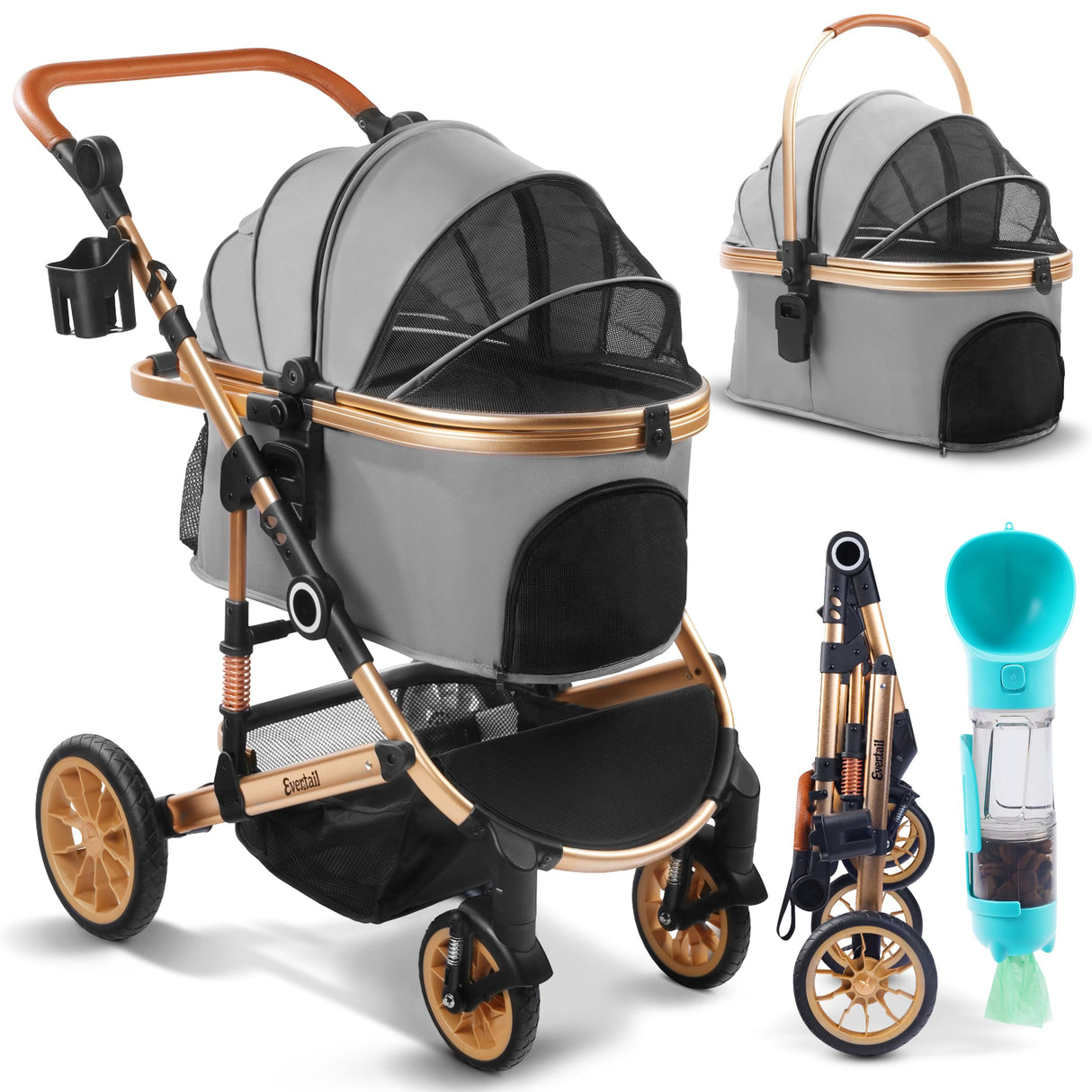 Evertail Dog Stroller for Small Dogs & Cats – 3-in-1 Pet Stroller with Detachable Carrier & Car Seat, Foldable Cat Stroller for 2 Cats or Medium Dogs up to 55 lbs, Rubber Wheels & Shock Absorbers