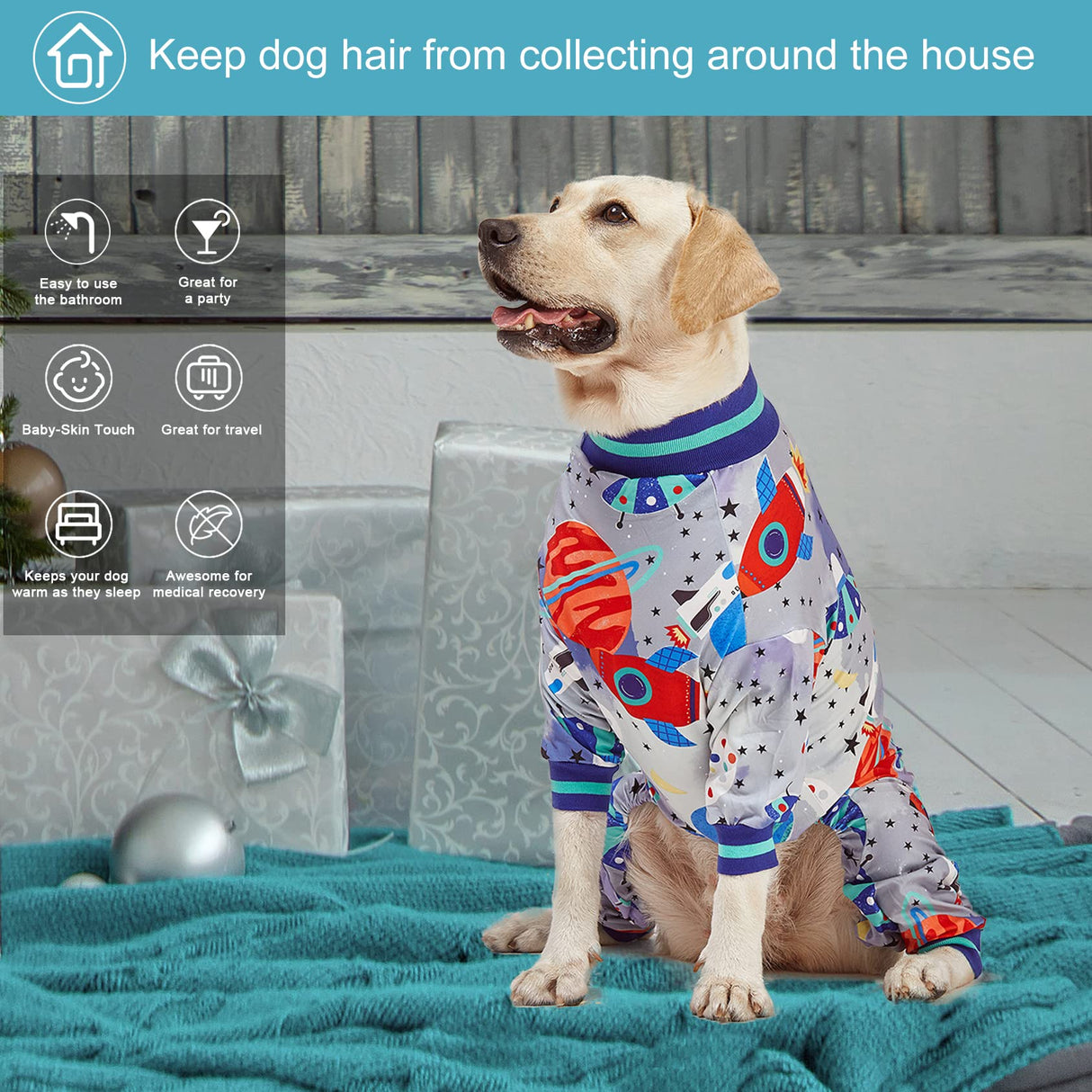 LovinPet Dog Pjs, Wound Care, Surgery Recovery Clothes, Large Pitbull Pajamas, Lightweight Stretchy Jersey Knit, Galaxy World Gray Print, Big Dog Jammies,UV Protection, Pitbull Pajamas, Pet PJ's, 2XL