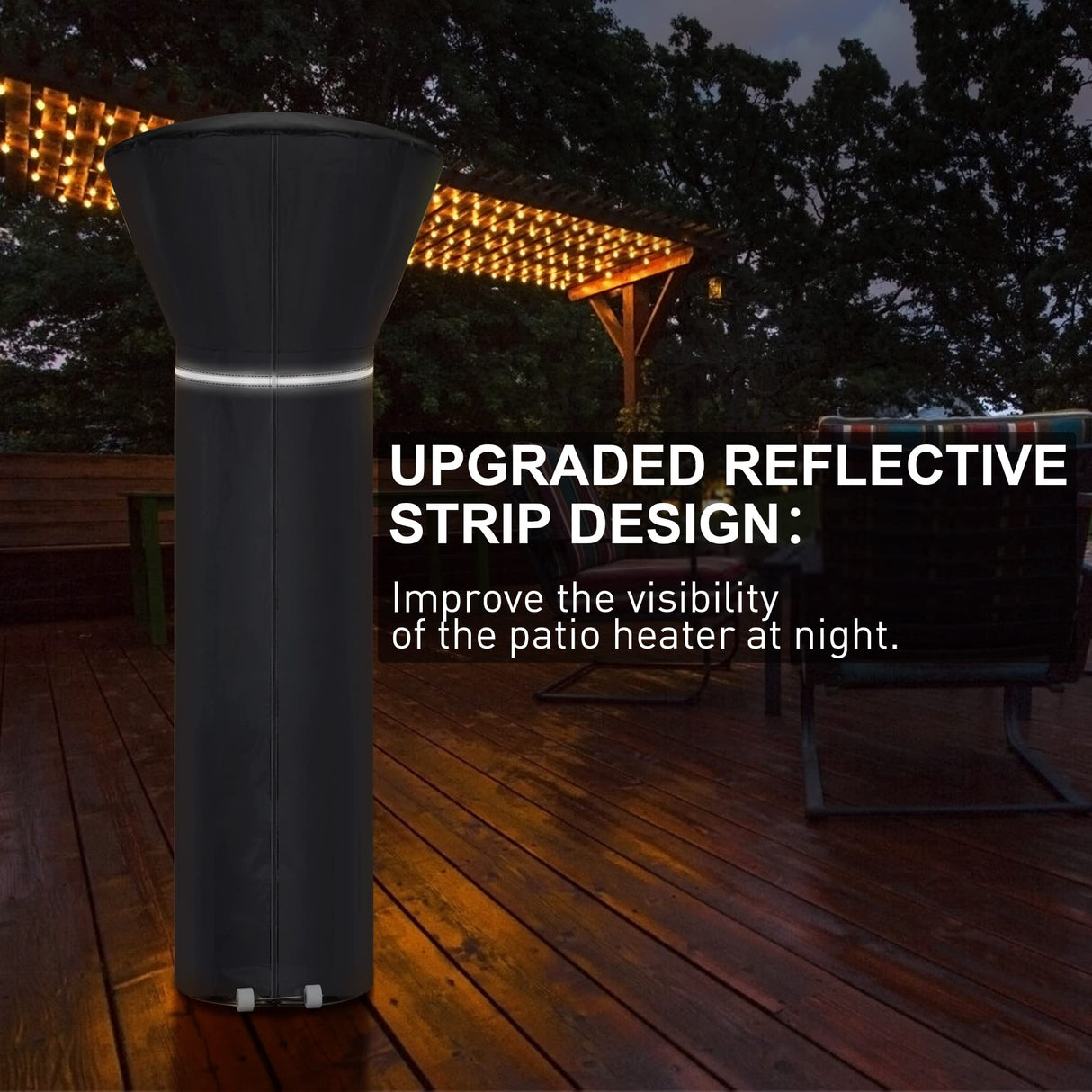 Patio Heater Covers with Reflective Strip,Outdoor Heater Cover Waterproof,Dustproof,Wind-Resistant,Sunlight-Resistant,Snow-Resistant,Black,89.5''x 33.5" Dome x 19.5" Base