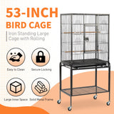 VINGLI Bird Cage with Wheels, Durable Wrought Iron Parakeet Cage with Slide Out Tray, Black Bird Cages for Parakeets/Lovebird/Cockatiels/Budgies and Other Small/Medium Birds (Large-53 inch)