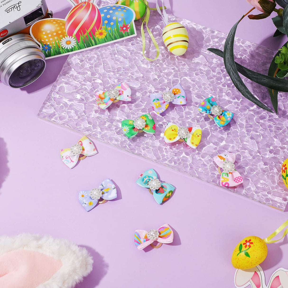 Waydress 40 Pieces Easter Dog Bows Rabbit Bunny Egg Hair Bowknot Pet Easter Bows with Rubber Bands Puppy Easter Rhinestone Bows Handmade Dog Easter Grooming Accessories for Easter Pet Supplies