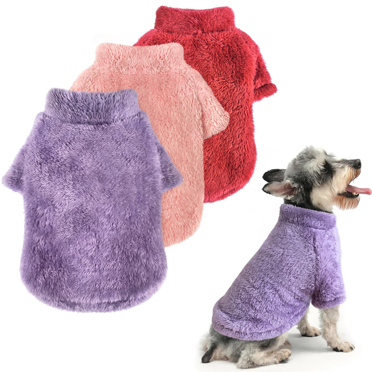 Idepet Fleece Dog Sweater 3 Pack, Velvet Puppy Clothes, Fuzzy Cat Apparel, Soft Outfits, Thermal Pet Clothing for Fall Winter, Coat for Small Dogs