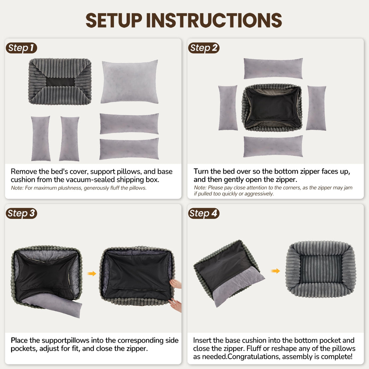 Warmrest Washable Dog Bed for Small Medium Dogs - Rectangle Orthopedic Corduroy Fleece Pet Bed with Removable Cover and Nonskid Bottom, Calming Puppy Bed Soft Pet Sofa, Grey(25x21x7inchs)