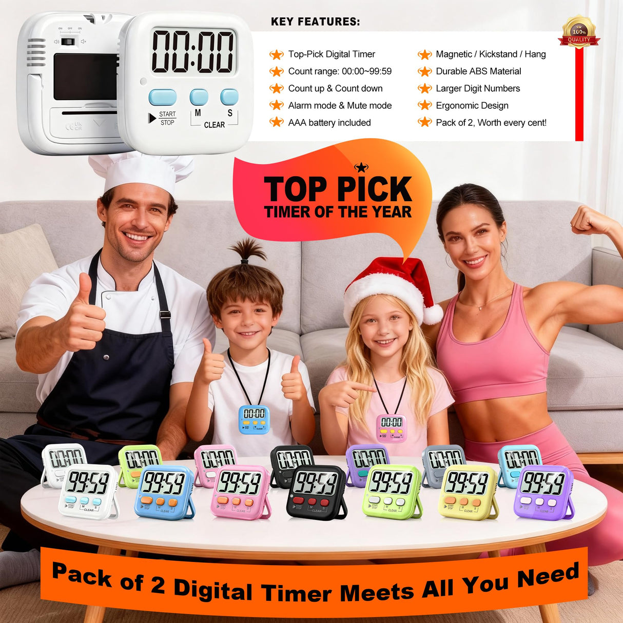 2 Pack Digital Timer for Kids, Magnetic Countdown Kitchen Timers for Cooking, Egg, Classroom, Teacher, Exercise, Study, Oven - Battery Included