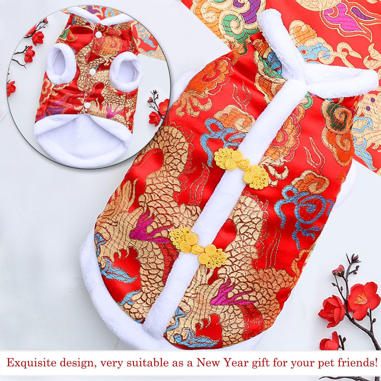 BAMY New Year Dog Dragon Robe Costume Warm Cat Cheongsam Winter Pet Clothes Vest of The Tang Dynasty Christmas Coat for Cats Teddy Bichon Small Medium Dogs (XXL (Chest Circumference 24.4in))