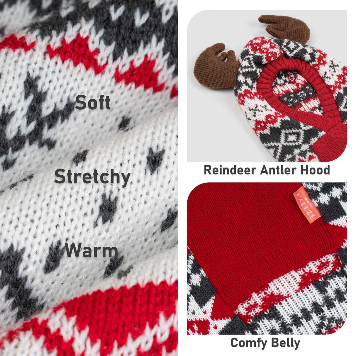 KYEESE Dog Christmas Sweater, Warm Dog Sweater for Small Dogs Boy Girl with Reindeer Antler Hood, Classic Winter Knitwear with Leash Hole, Soft Stretchy Fabric, Cozy Pet Clothes, Small