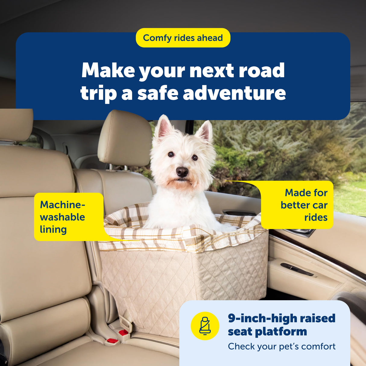 PetSafe Happy Ride Quilted Dog Safety Seat - Dedicated Pet Car Seat for Safer Travel - Elevated Pet Booster for Window Views - Machine Washable Removable Cover - Fits Most Cars