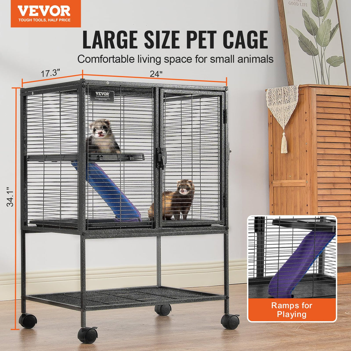 VEVOR 34" Rolling Metal Ferret Cage, Large 2-Tier Critter Nation Cage, Small Animal Cage with Ramps & Tray, Easy to Set up for Pet Mice, Hamster, Guinea Pig, Chinchilla, Squirrel, Hedgehogs, Bunny