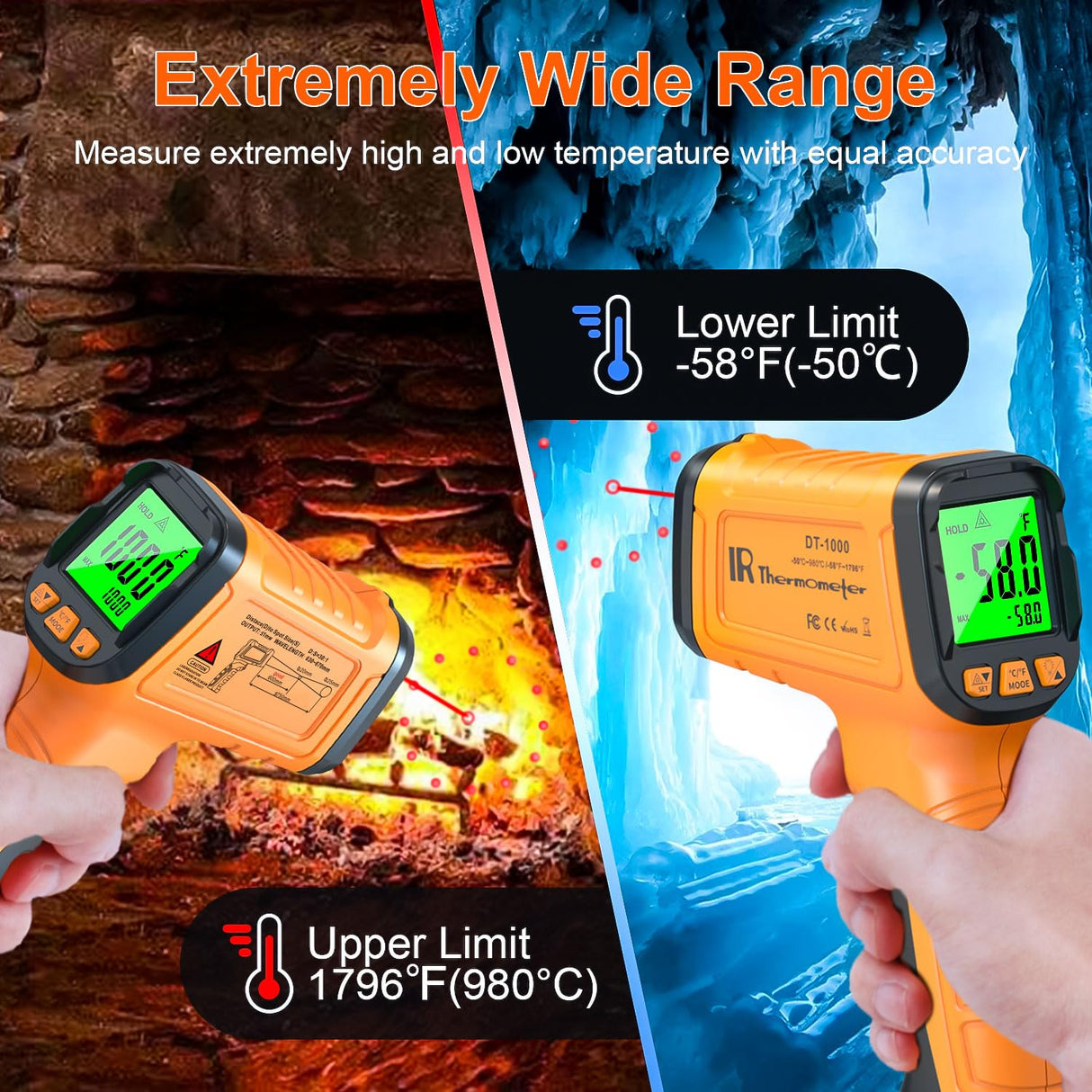 Infrared Thermometer Pyrometer -58℉ to 1796℉(-50~980°C), 30:1 Non Contact Digital Laser Thermometer Temperature Gun for Cooking, Home Repairs, High and Low Temperature Alarm, Adjustable Emissivity