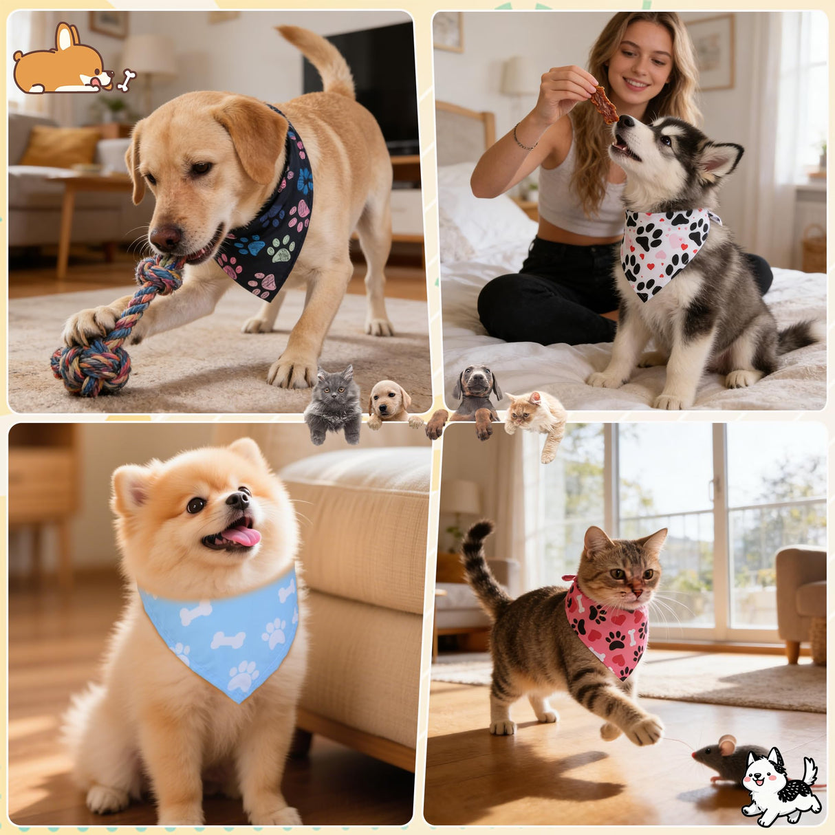 Cresue 100 Pcs Funny Dog Bandanas Bulk Cute Pet Scarves Paw and Bone Print Adjustable Bibs for X-M-L Dogs Washable Daily Puppy Kerchief for Groomers Shelters