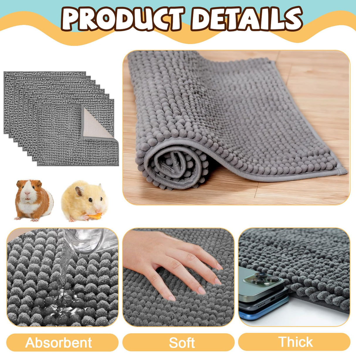 Agolctry 8 Pcs Guinea Pig Liner Washable Rabbit Cage Liner 16x12 Inch Guinea Pig Fleece Mats Reusable Bedding Pee Pads for Small Animals, Bunny (Grey)