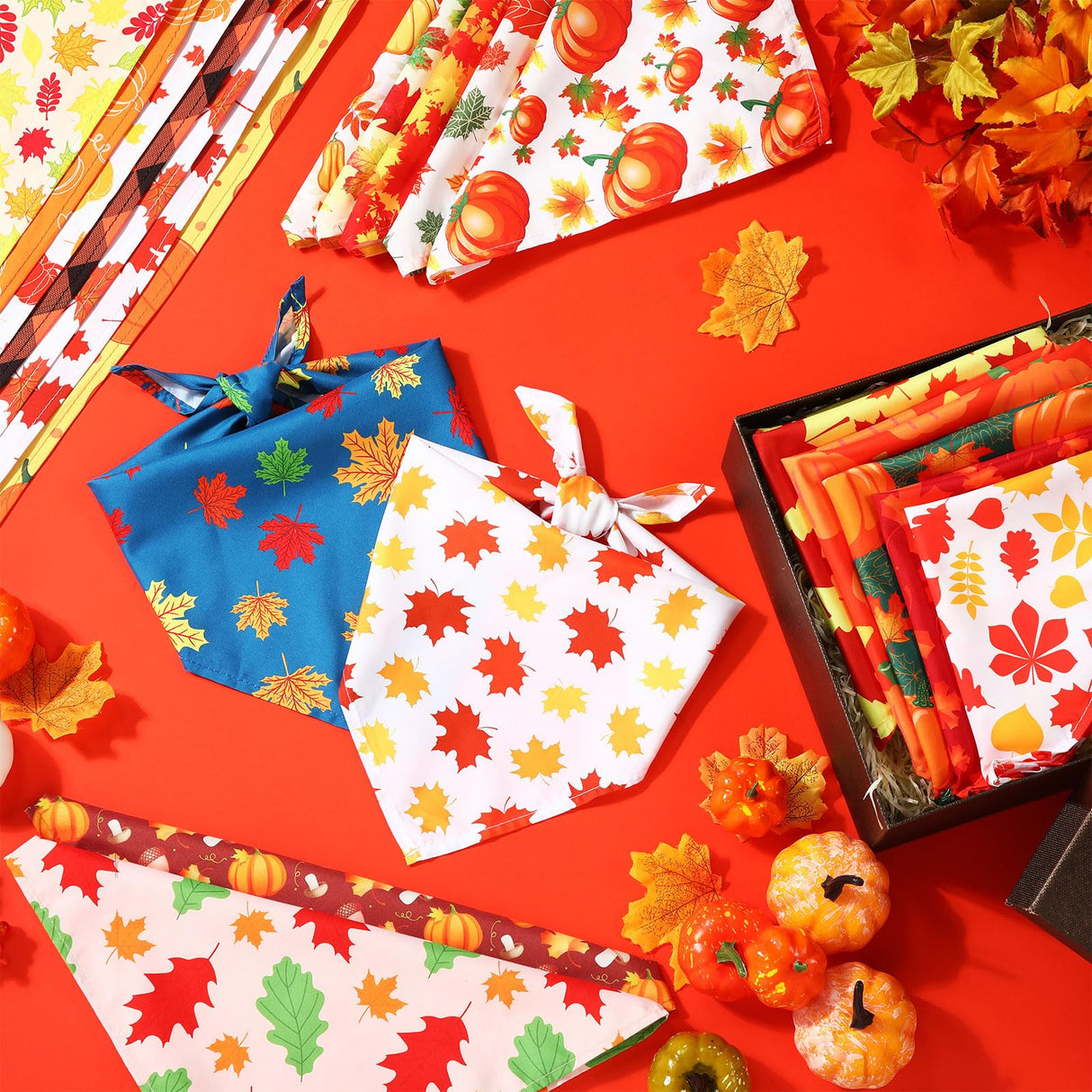 Sweetude 50 Pieces Thanksgiving Fall Dog Bandanas Bulk Pumpkin Maple Leaves Autumn Plaid Bandanas for Dogs Soft Bibs Triangle Scarves for Small Medium Large Pets Costume(31.5 x 21.7 x 21.7 Inch)